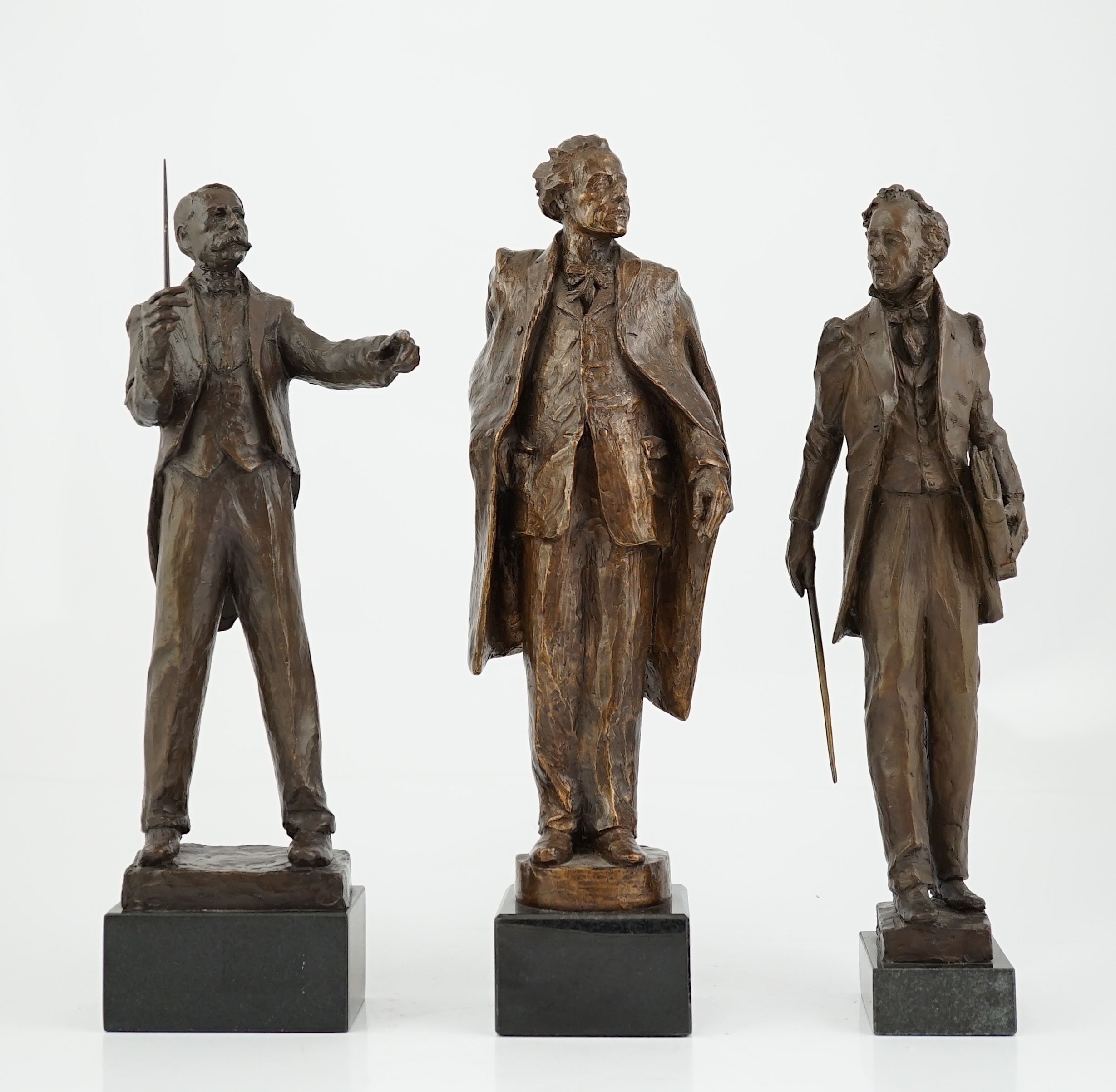 Anthony Hawken FRSS (British, b.1948), three bronze figures of composers, Gustav Mahler, Sir Edward Elgar and Mendelssohn